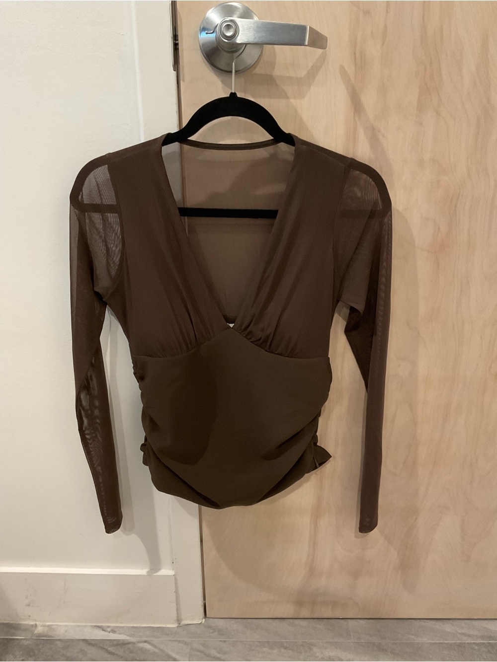Abercrombie & Fitch Brown Sheer-Sleeve V-Neck Bodysuit